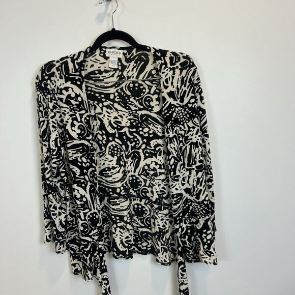 Chico's Travelers Size 2 Large tie Front Slinky Cardigan Top Black white Stretch - Picture 2 of 8